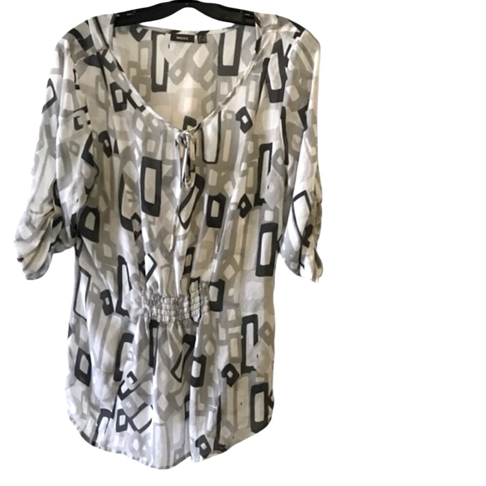 MEXX Boho Sheer Lightweight Blouse Top Tunic Flowy Shirt Graphic Puffy Sleeves L